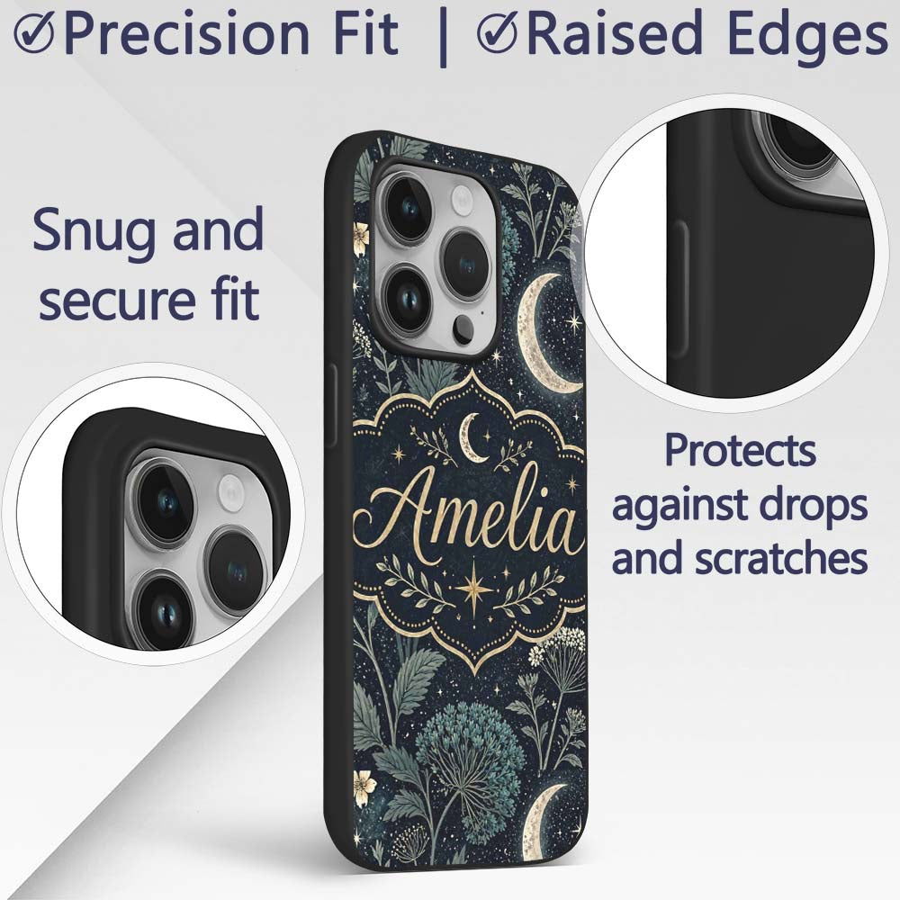 Dark Botanical Moon Stars Night Meadow Seamless Custom Name Protective Phone Case Mobile Cover Durable Everyday Smartphone Shock Resistant