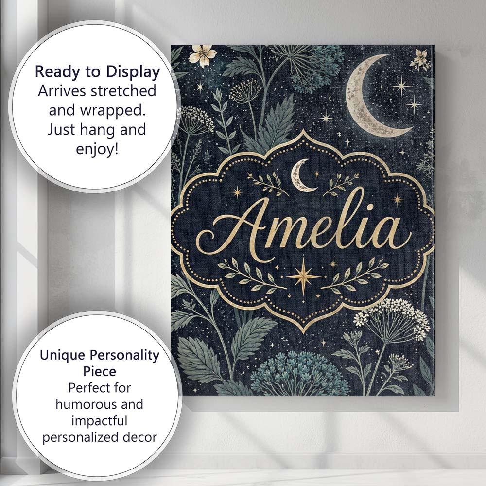 Personalised Name Dark Botanical Moon Stars Night Meadow Seamless Custom  Bespoke Canvas Wall Art Print Decor Picture Ready to Hang