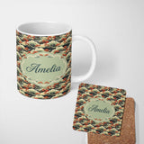 Personalized Custom Name Classic Japanese Waves Red Blossom Seamless Pattern Art Name Cute 11oz Ceramic Coffee Tea Mug White Large Handle