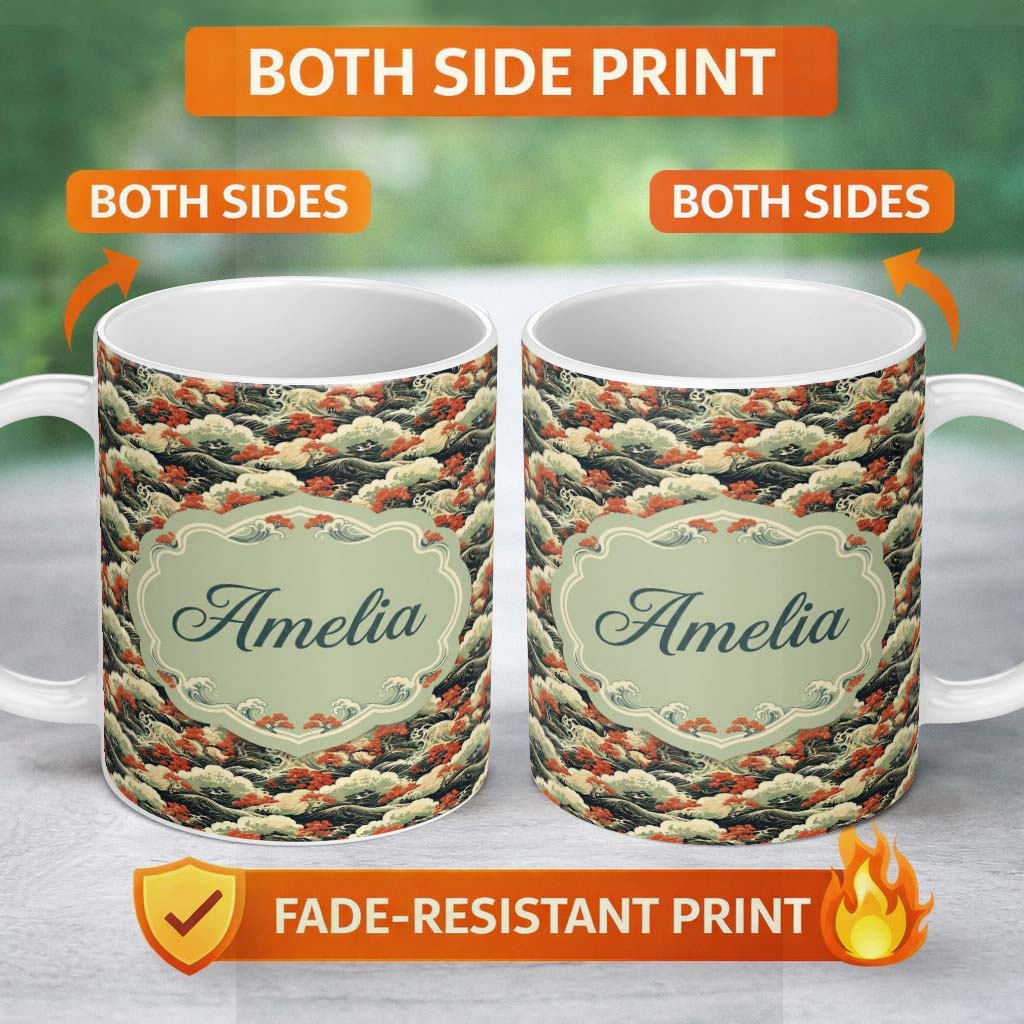 Personalized Custom Name Classic Japanese Waves Red Blossom Seamless Pattern Art Name Cute 11oz Ceramic Coffee Tea Mug White Large Handle