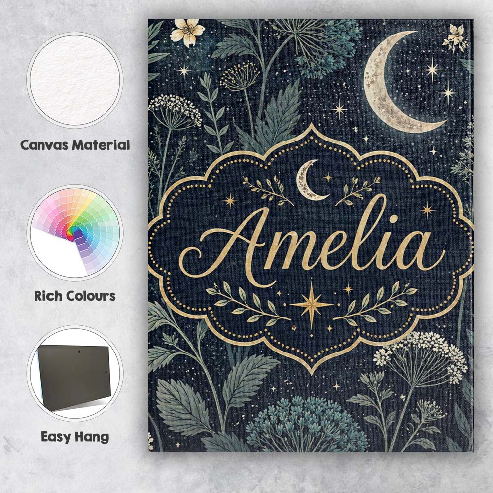Personalised Name Dark Botanical Moon Stars Night Meadow Seamless Custom  Bespoke Canvas Wall Art Print Decor Picture Ready to Hang