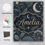 Personalised Name Dark Botanical Moon Stars Night Meadow Seamless Custom  Bespoke Canvas Wall Art Print Decor Picture Ready to Hang