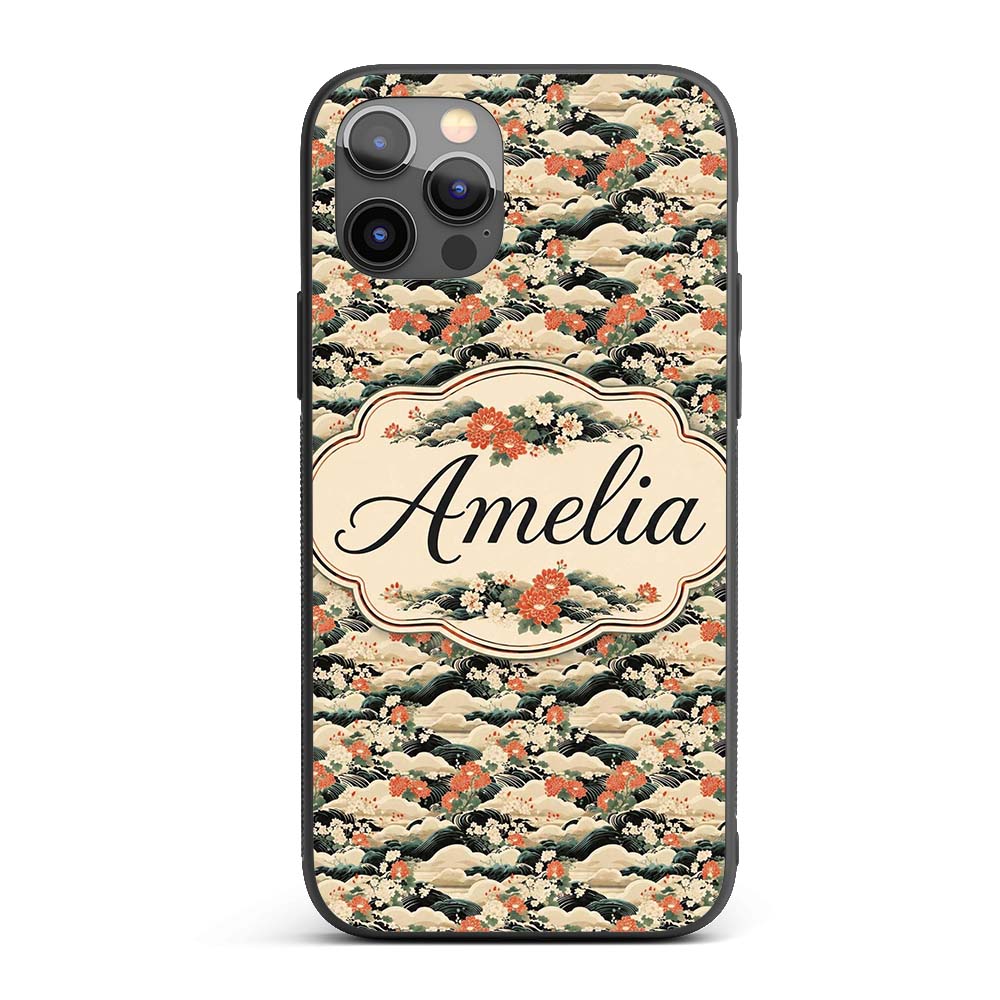 Vintage Floral Waves Chrysanthemum Printed Design Custom Name Protective Phone Case Mobile Cover Durable Everyday Smartphone Shock Resistant