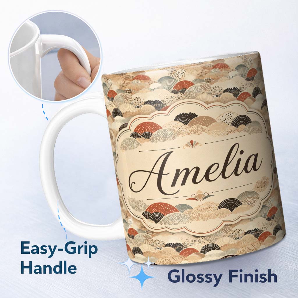 Personalized Custom Name Earth Tone Abstract Waves Geometric Seamless Pattern Art Name Cute 11oz Ceramic Coffee Tea Mug White Large Handle