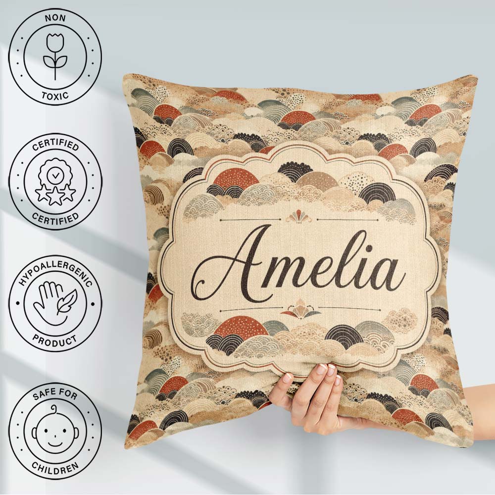 Custom Name Earth Tone Abstract Waves Geometric Pattern Art Name Square Filled Cushion Throw Pillow Sofa Bed Home Decor Zip Washable UK Made