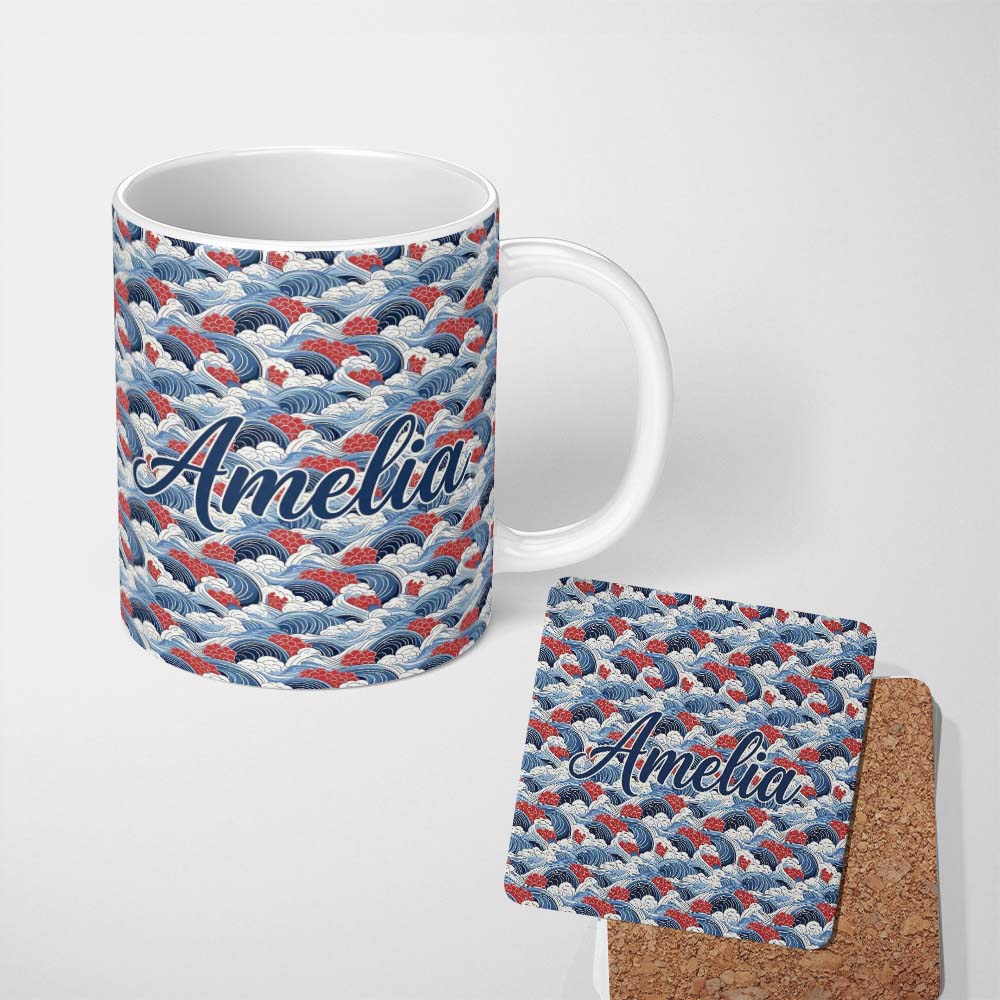 Personalized Custom Name Japanese Blue Ocean Waves Red Accent Seamless Pattern Name Cute 11oz Ceramic Coffee Tea Mug White Large Handle
