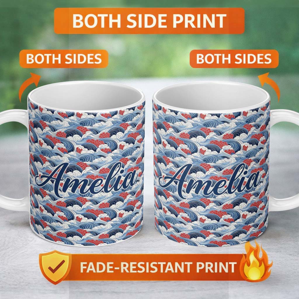 Personalized Custom Name Japanese Blue Ocean Waves Red Accent Seamless Pattern Name Cute 11oz Ceramic Coffee Tea Mug White Large Handle