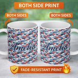 Personalized Custom Name Japanese Blue Ocean Waves Red Accent Seamless Pattern Name Cute 11oz Ceramic Coffee Tea Mug White Large Handle