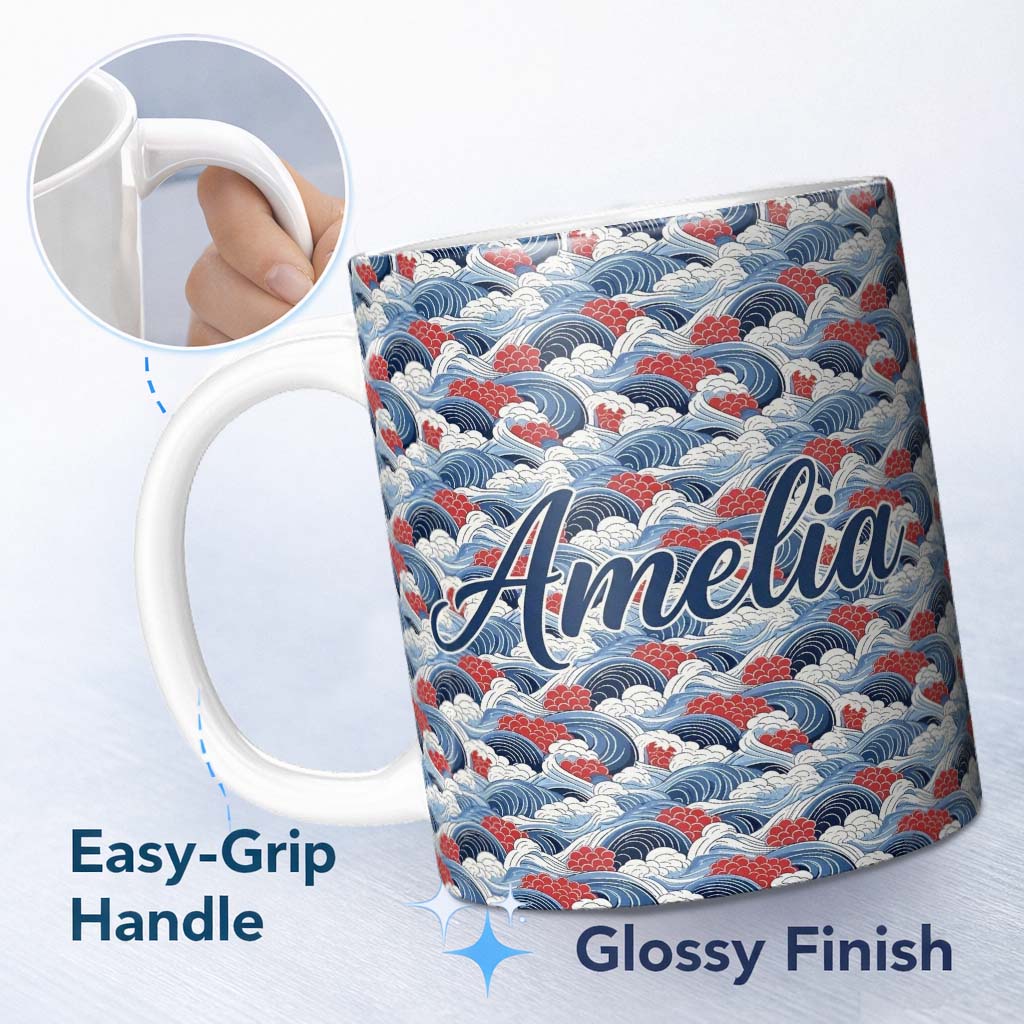 Personalized Custom Name Japanese Blue Ocean Waves Red Accent Seamless Pattern Name Cute 11oz Ceramic Coffee Tea Mug White Large Handle