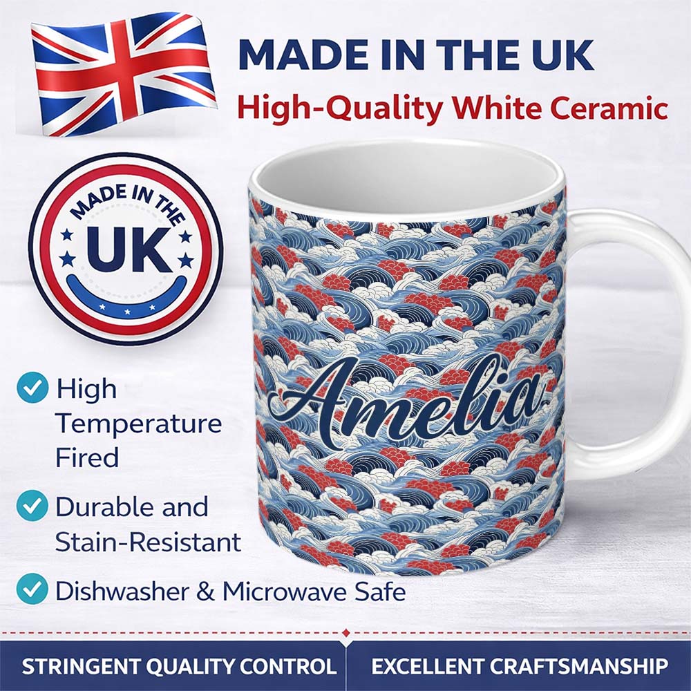 Personalized Custom Name Japanese Blue Ocean Waves Red Accent Seamless Pattern Name Cute 11oz Ceramic Coffee Tea Mug White Large Handle