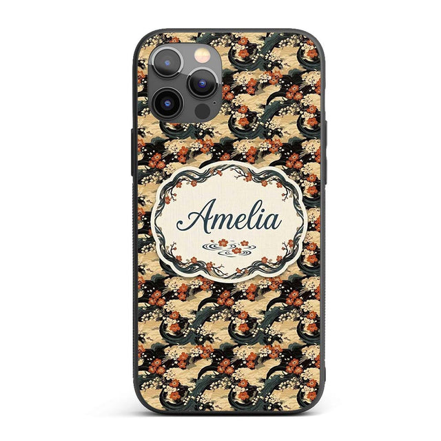 Vintage Floral Waves Oriental Garden Seamless Custom Name Protective Phone Case Mobile Cover Durable Everyday Smartphone Shock Resistant