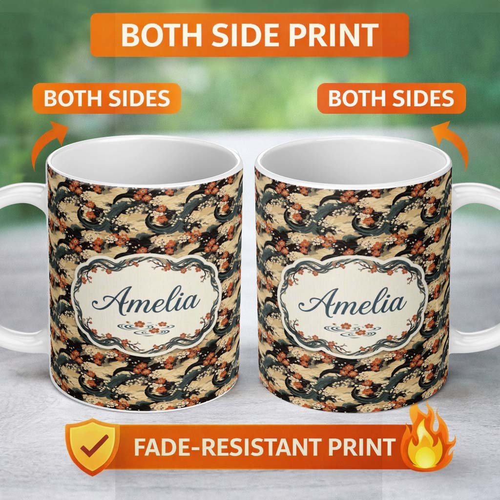 Personalized Custom Name Vintage Floral Waves Oriental Garden Seamless Pattern Name Cute 11oz Ceramic Coffee Tea Mug White Large Handle