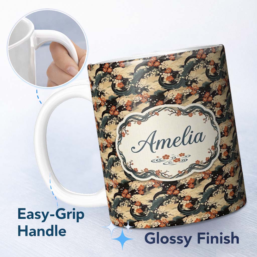 Personalized Custom Name Vintage Floral Waves Oriental Garden Seamless Pattern Name Cute 11oz Ceramic Coffee Tea Mug White Large Handle