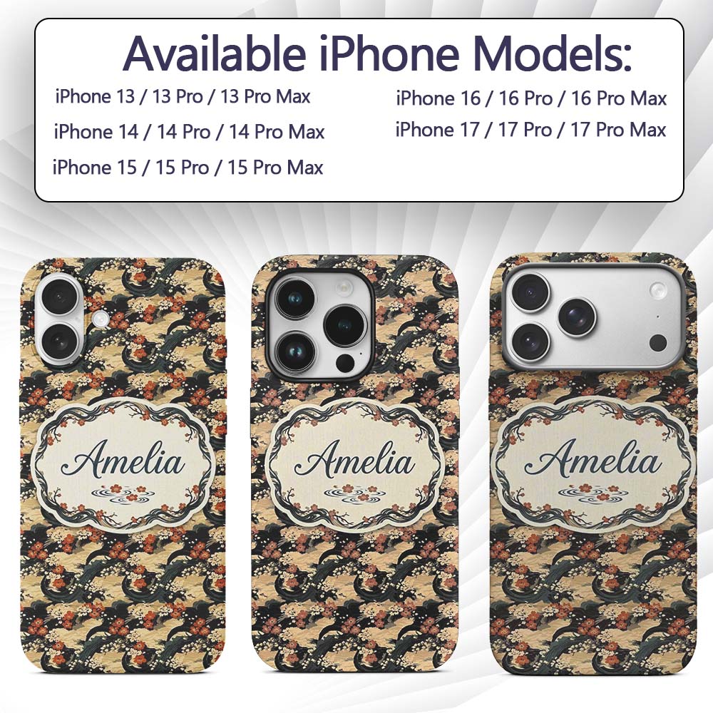 Vintage Floral Waves Oriental Garden Seamless Custom Name Protective Phone Case Mobile Cover Durable Everyday Smartphone Shock Resistant