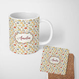 Personalized Custom Name Colorful Mini Cakes and Fruit Dessert Seamless Pattern Lovely 11oz Ceramic Coffee Tea Mug White Large Handle