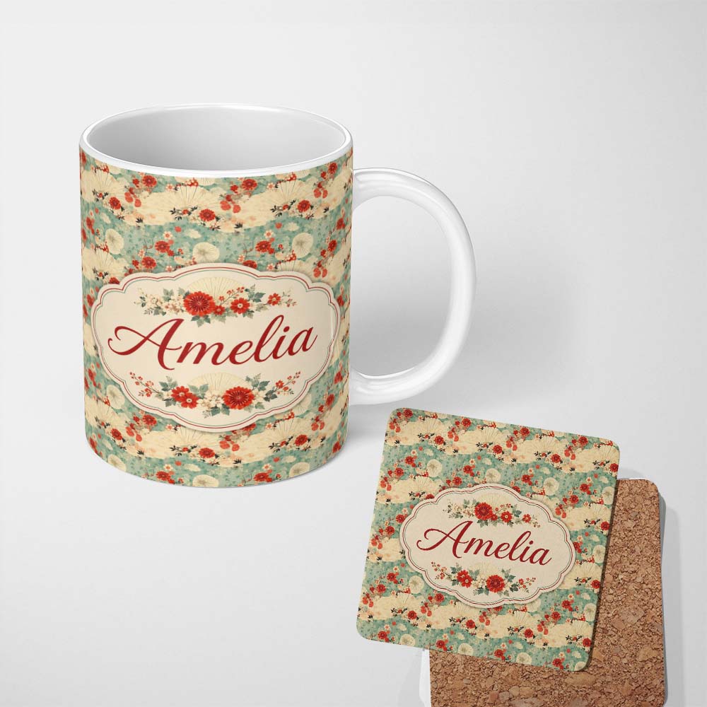 Personalized Custom Name Japanese Fans Floral Blossom Soft Pastel Seamless Pattern Custom 11oz Ceramic Coffee Tea Mug White Large Handle