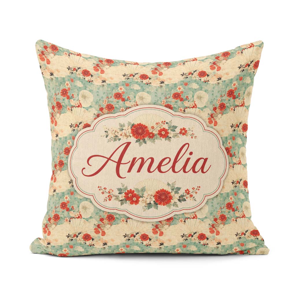 Custom Name Japanese Fans Floral Blossom Pastel Seamless Pattern Square Filled Cushion Throw Pillow Sofa Bed Home Decor Zip Washable UK Made