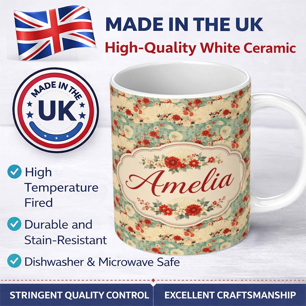 Personalized Custom Name Japanese Fans Floral Blossom Soft Pastel Seamless Pattern Custom 11oz Ceramic Coffee Tea Mug White Large Handle