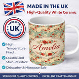 Personalized Custom Name Japanese Fans Floral Blossom Soft Pastel Seamless Pattern Custom 11oz Ceramic Coffee Tea Mug White Large Handle