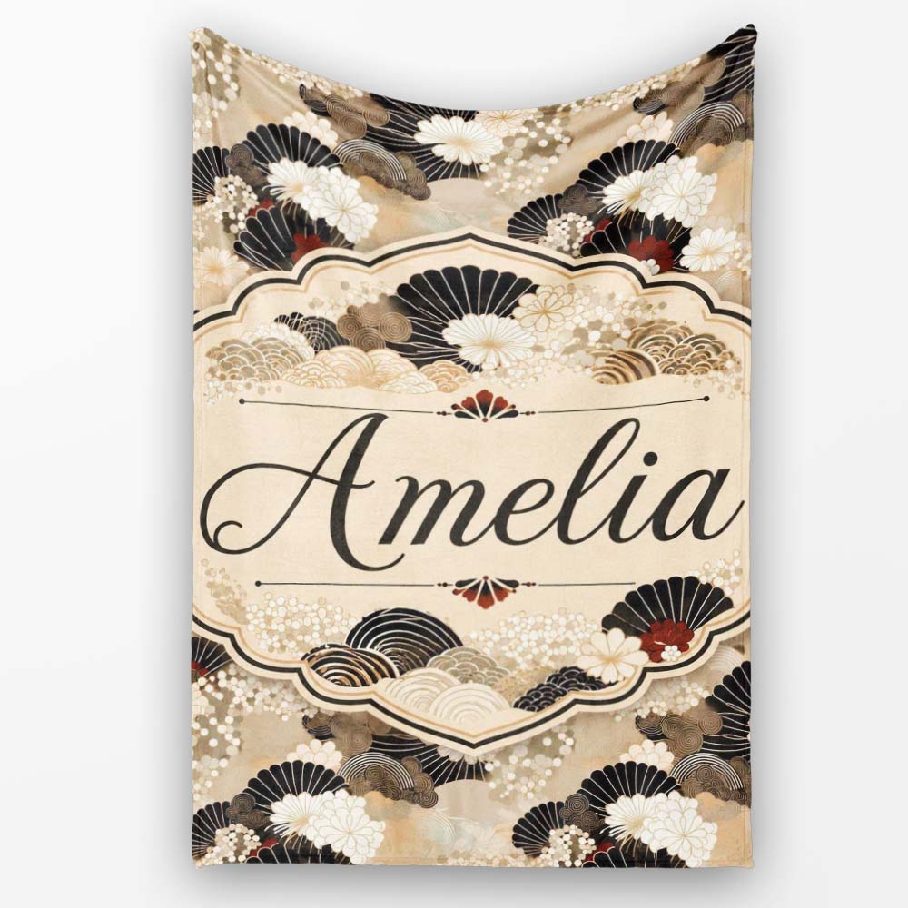 Elegant Gold Black Floral Fan Seamless Pattern Name Cute Unique Gift  Personalised Custom Name Super Soft Fleece Blanket Bed Sofa Throw