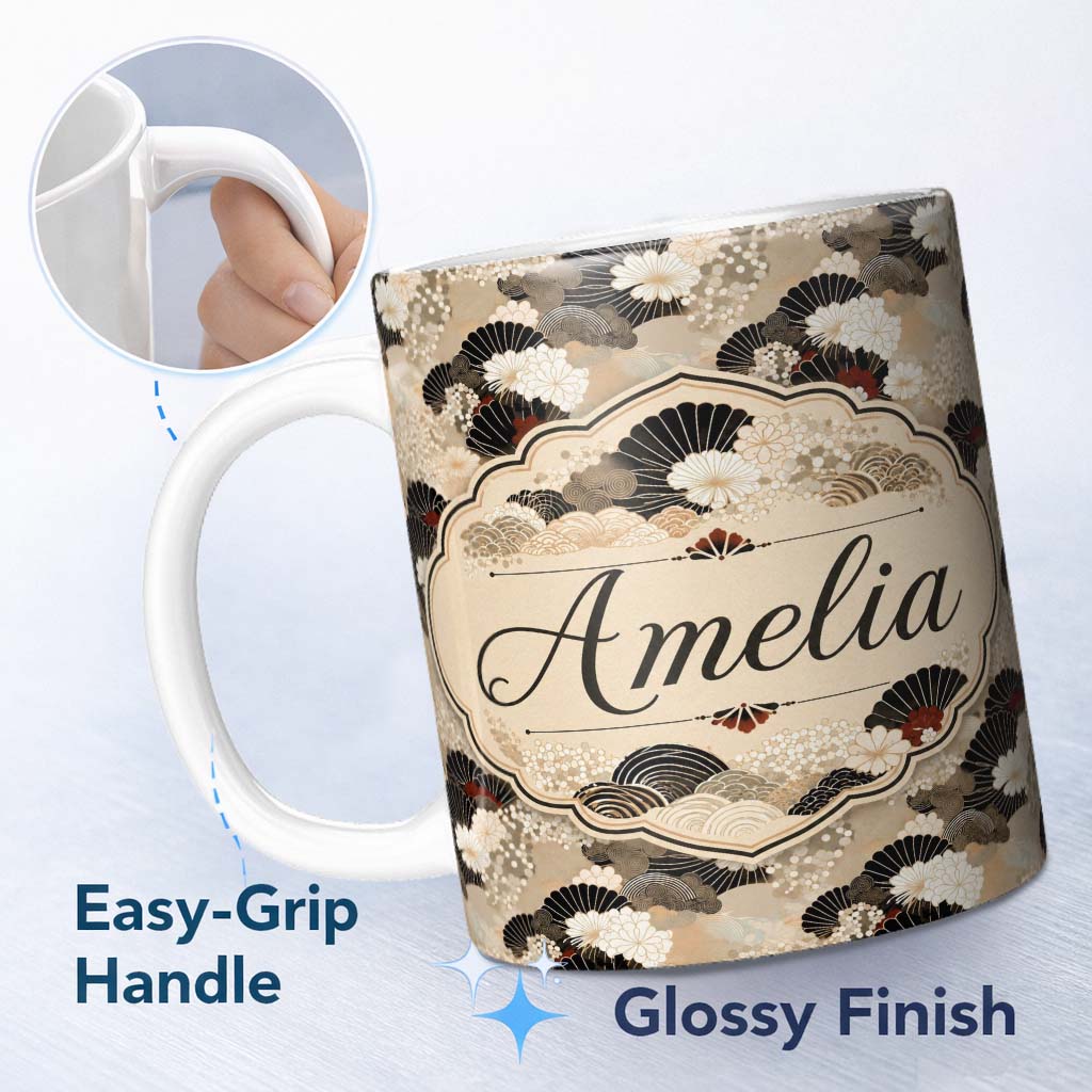 Personalized Custom Name Elegant Gold Black Floral Fan Seamless Pattern Name Cute Unique Gift 11oz Ceramic Coffee Tea Mug White Large Handle