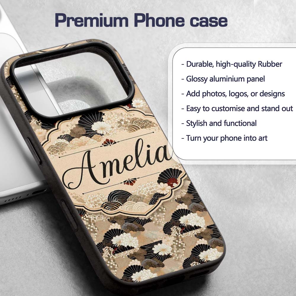 Elegant Gold Black Floral Fan Seamless Pattern Custom Name Protective Phone Case Mobile Cover Durable Everyday Smartphone Shock Resistant