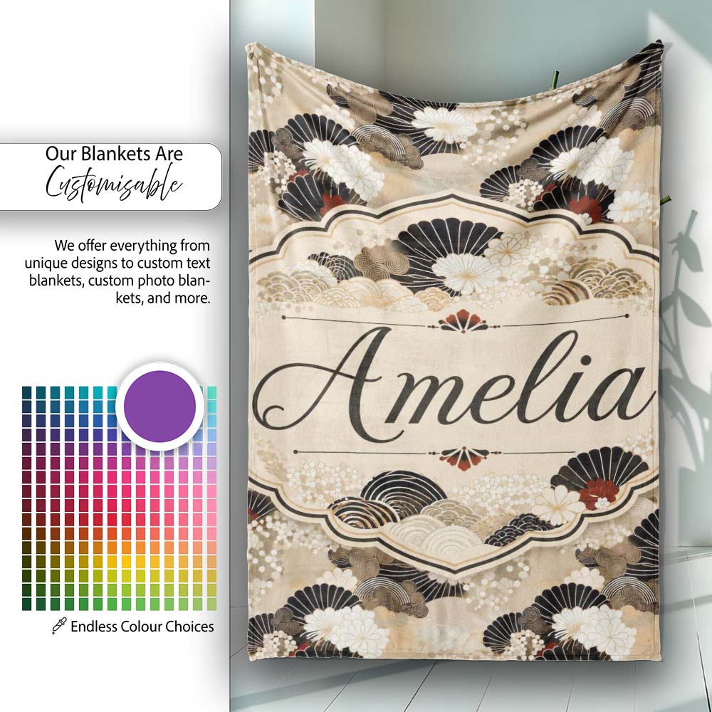 Elegant Gold Black Floral Fan Seamless Pattern Name Cute Unique Gift  Personalised Custom Name Super Soft Fleece Blanket Bed Sofa Throw