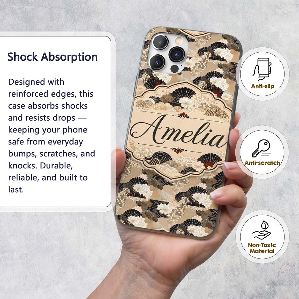 Elegant Gold Black Floral Fan Seamless Pattern Custom Name Protective Phone Case Mobile Cover Durable Everyday Smartphone Shock Resistant