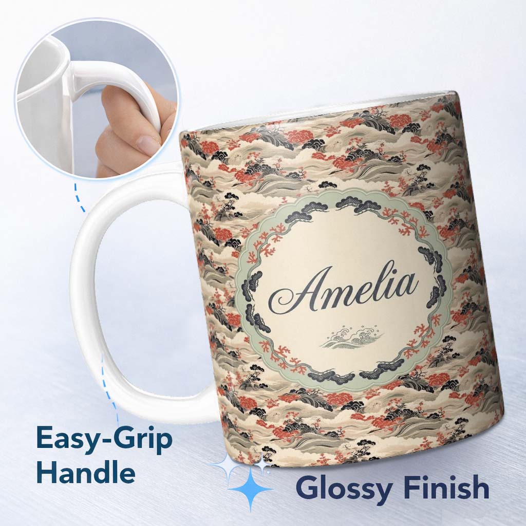 Personalized Custom Name Classic Landscape Waves Red Trees Seamless Pattern Name Cute Unique 11oz Ceramic Coffee Tea Mug White Large Handle