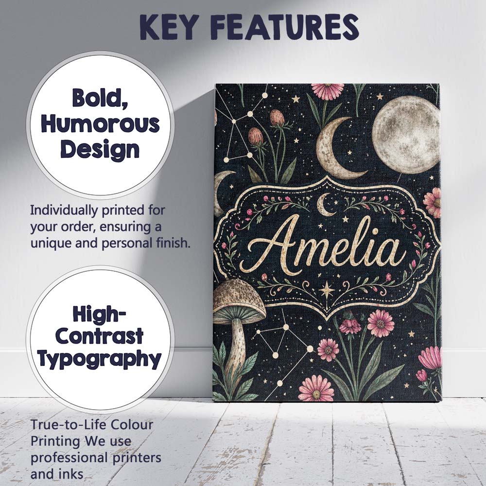 Personalised Name Celestial Floral Moon Constellation Night Seamless Custom  Home Canvas Wall Art Print Decor Picture Ready to Hang