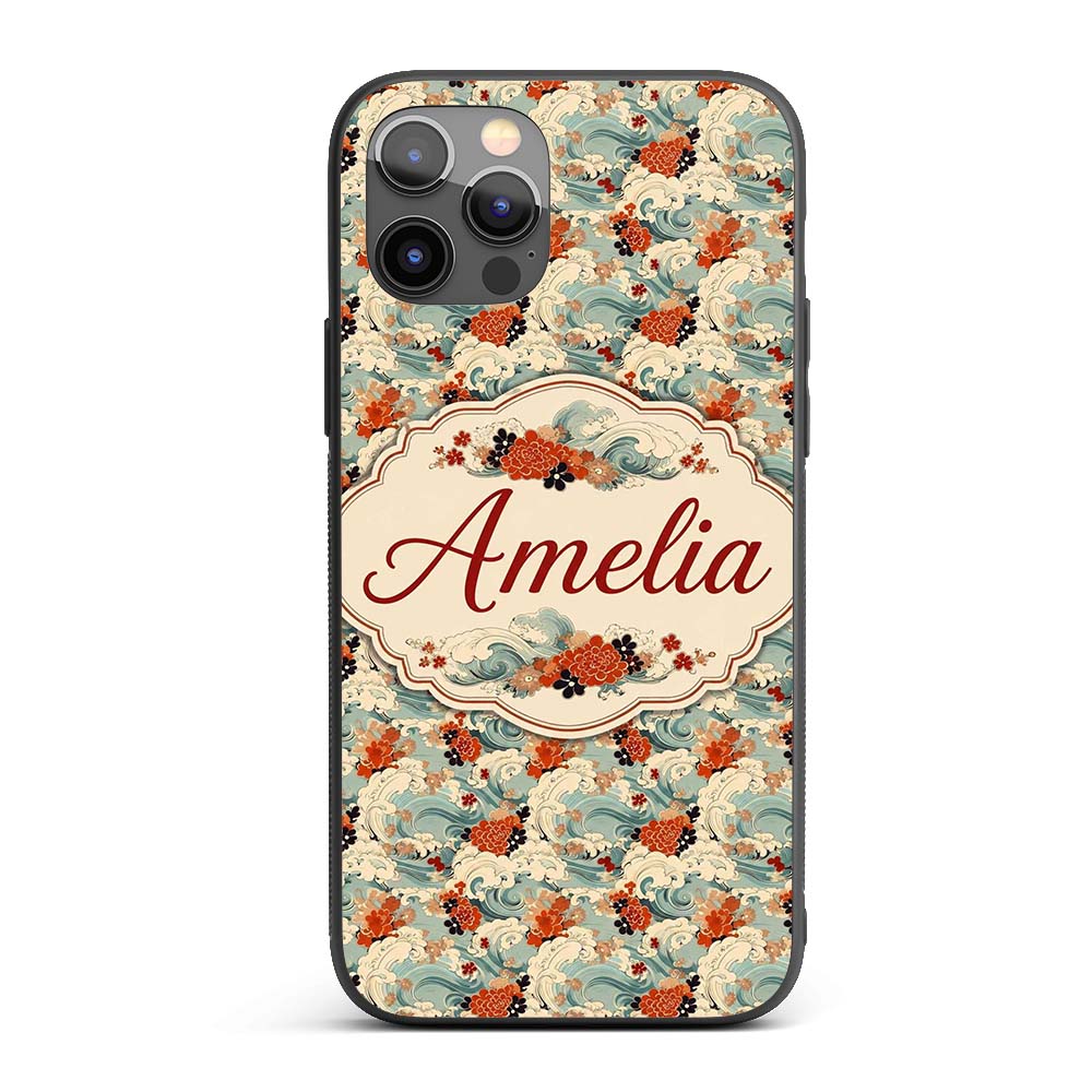 Teal Ocean Waves Floral Japanese Art Seamless Custom Name Protective Phone Case Mobile Cover Durable Everyday Smartphone Shock Resistant
