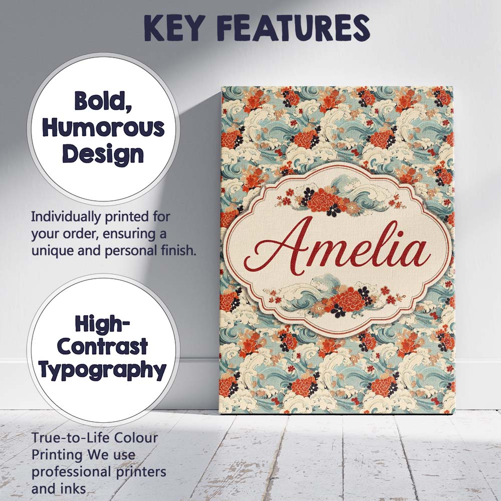 Personalised Name Teal Ocean Waves Floral Custom  Unique Gift Idea Elegant Feature Canvas Wall Art Print Decor Picture Ready to Hang
