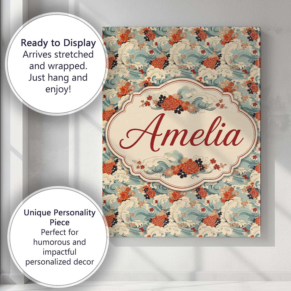 Personalised Name Teal Ocean Waves Floral Custom  Unique Gift Idea Elegant Feature Canvas Wall Art Print Decor Picture Ready to Hang