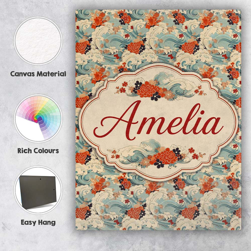 Personalised Name Teal Ocean Waves Floral Custom  Unique Gift Idea Elegant Feature Canvas Wall Art Print Decor Picture Ready to Hang