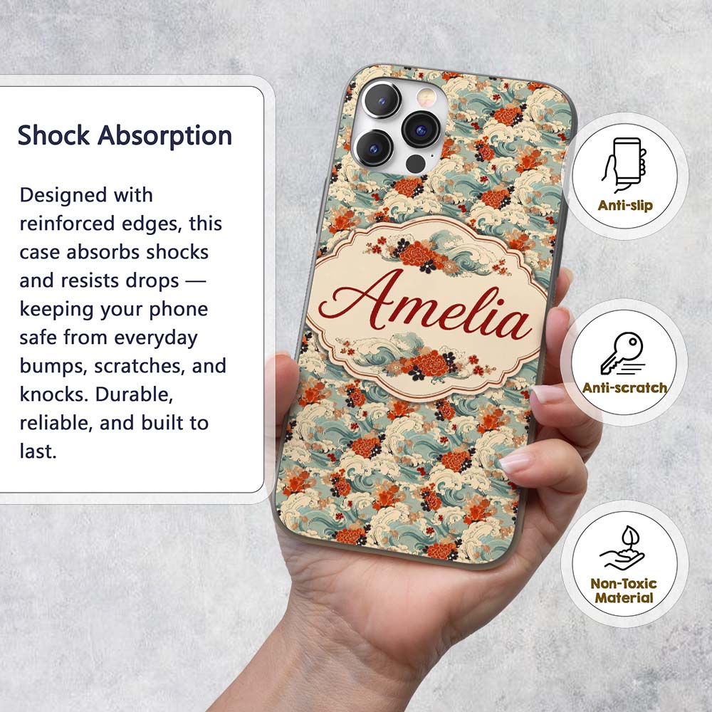 Teal Ocean Waves Floral Japanese Art Seamless Custom Name Protective Phone Case Mobile Cover Durable Everyday Smartphone Shock Resistant