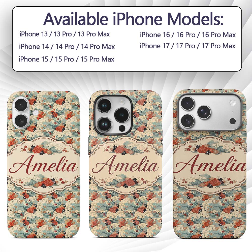 Teal Ocean Waves Floral Japanese Art Seamless Custom Name Protective Phone Case Mobile Cover Durable Everyday Smartphone Shock Resistant
