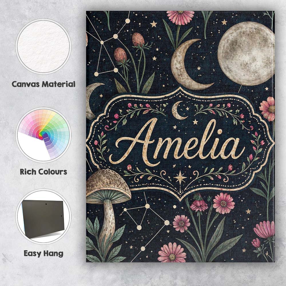 Personalised Name Celestial Floral Moon Constellation Night Seamless Custom  Home Canvas Wall Art Print Decor Picture Ready to Hang