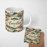 Personalized Custom Name Japanese Scenic Mountains Blossom Trees Seamless Pattern Name Cute 11oz Ceramic Coffee Tea Mug White Large Handle