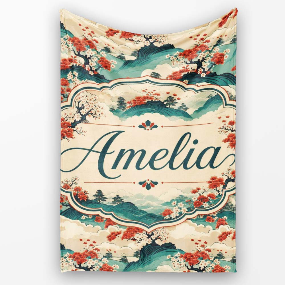 Japanese Scenic Mountains Blossom Trees Seamless Pattern Name Cute  Personalised Custom Name Super Soft Fleece Blanket Bed Sofa Throw
