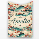 Japanese Scenic Mountains Blossom Trees Seamless Pattern Name Cute  Personalised Custom Name Super Soft Fleece Blanket Bed Sofa Throw