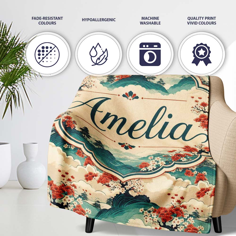 Japanese Scenic Mountains Blossom Trees Seamless Pattern Name Cute  Personalised Custom Name Super Soft Fleece Blanket Bed Sofa Throw