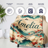 Japanese Scenic Mountains Blossom Trees Seamless Pattern Name Cute  Personalised Custom Name Super Soft Fleece Blanket Bed Sofa Throw
