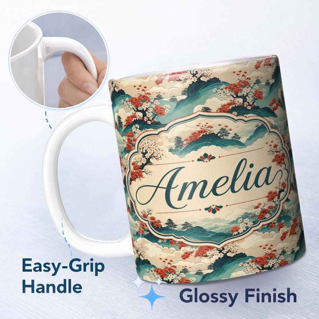 Personalized Custom Name Japanese Scenic Mountains Blossom Trees Seamless Pattern Name Cute 11oz Ceramic Coffee Tea Mug White Large Handle