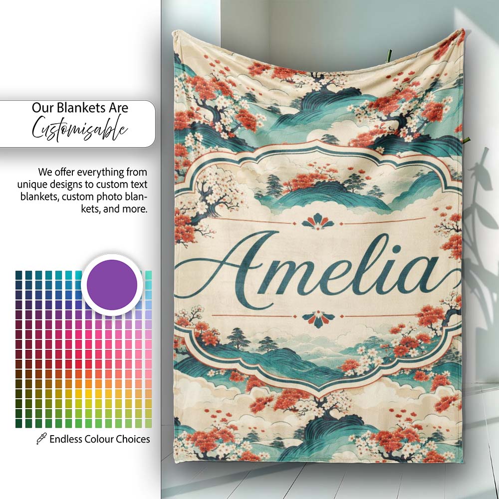 Japanese Scenic Mountains Blossom Trees Seamless Pattern Name Cute  Personalised Custom Name Super Soft Fleece Blanket Bed Sofa Throw