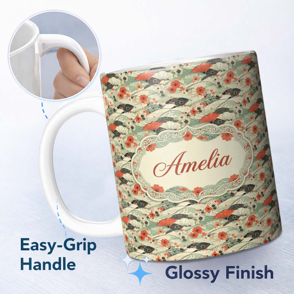 Personalized Custom Name Japanese Fans Sakura Floral Wave Seamless Pattern Name Cute Unique 11oz Ceramic Coffee Tea Mug White Large Handle