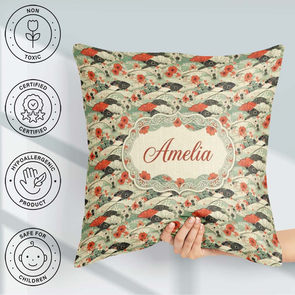 Custom Name Japanese Fans Sakura Wave Seamless Pattern Name Cute Square Filled Cushion Throw Pillow Sofa Bed Home Decor Zip Washable UK Made