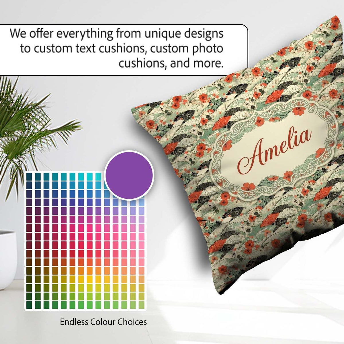 Custom Name Japanese Fans Sakura Wave Seamless Pattern Name Cute Square Filled Cushion Throw Pillow Sofa Bed Home Decor Zip Washable UK Made