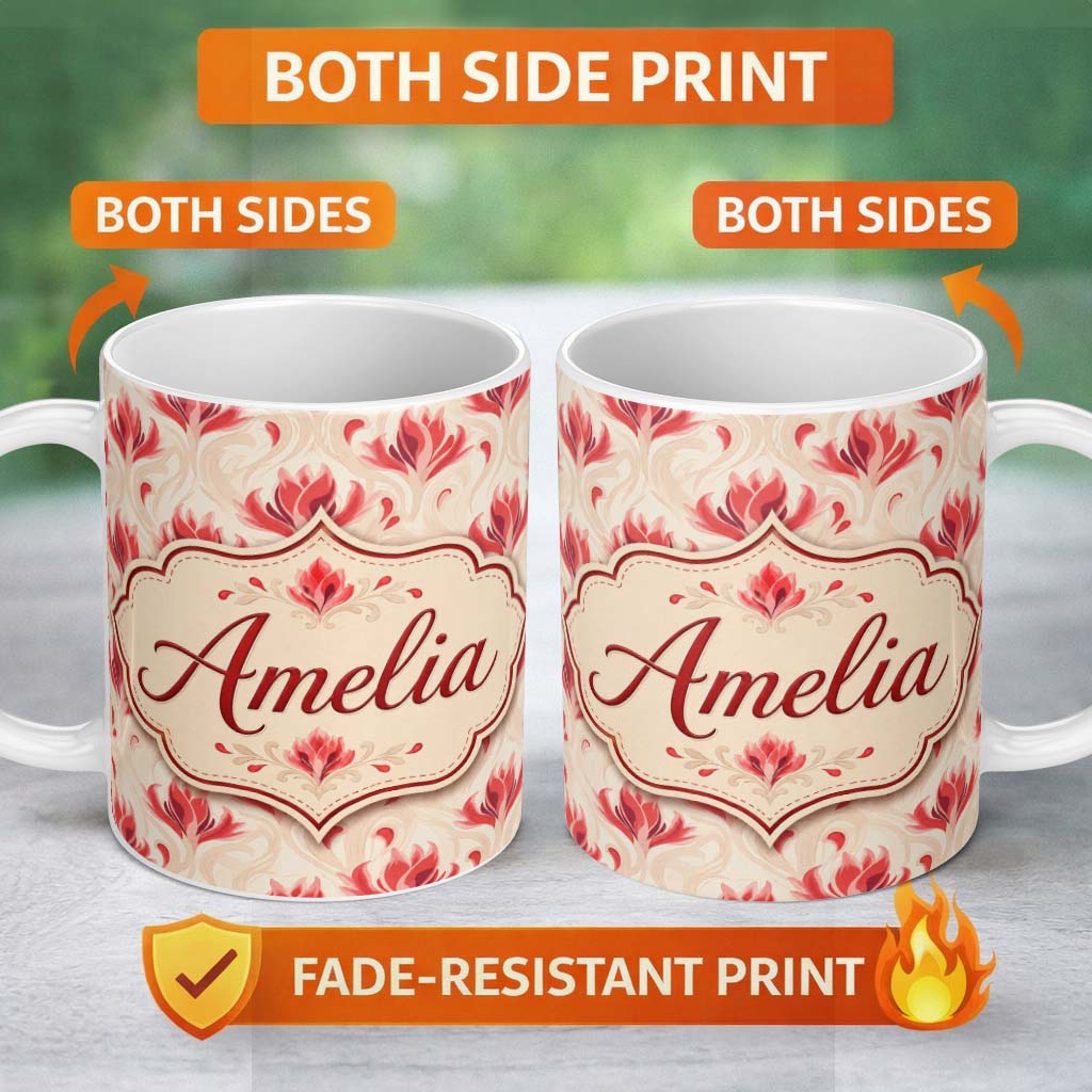 Personalized Custom Name Soft Red Floral Vine Cream Background Seamless Pattern Lovely 11oz Ceramic Coffee Tea Mug White Large Handle
