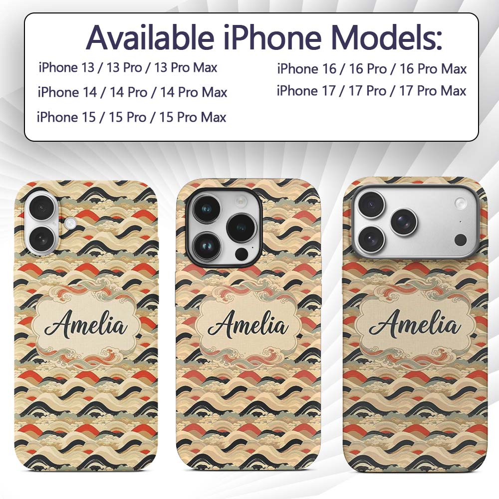 Abstract Japanese Layered Waves Printed Design Custom Name Protective Phone Case Mobile Cover Durable Everyday Smartphone Shock Resistant