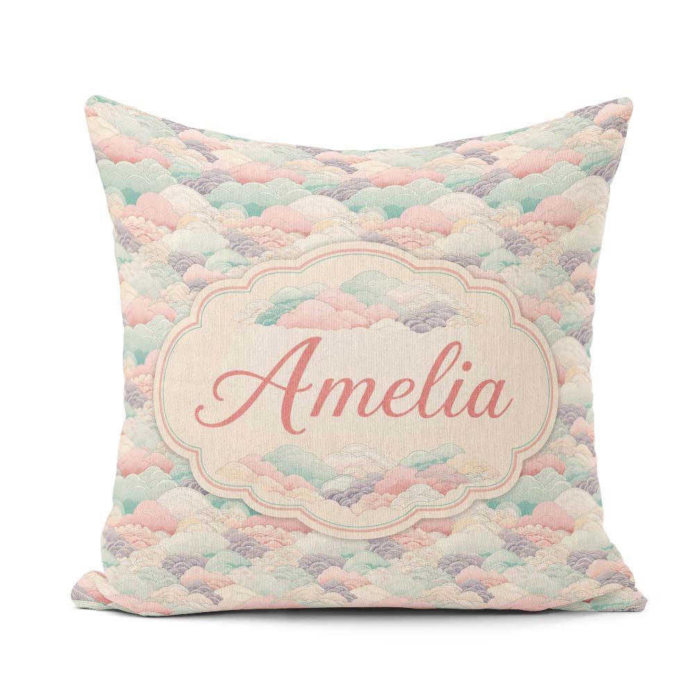 Custom Name Soft Pastel Cloud Waves Japanese Style Seamless Name Square Filled Cushion Throw Pillow Sofa Bed Home Decor Zip Washable UK Made